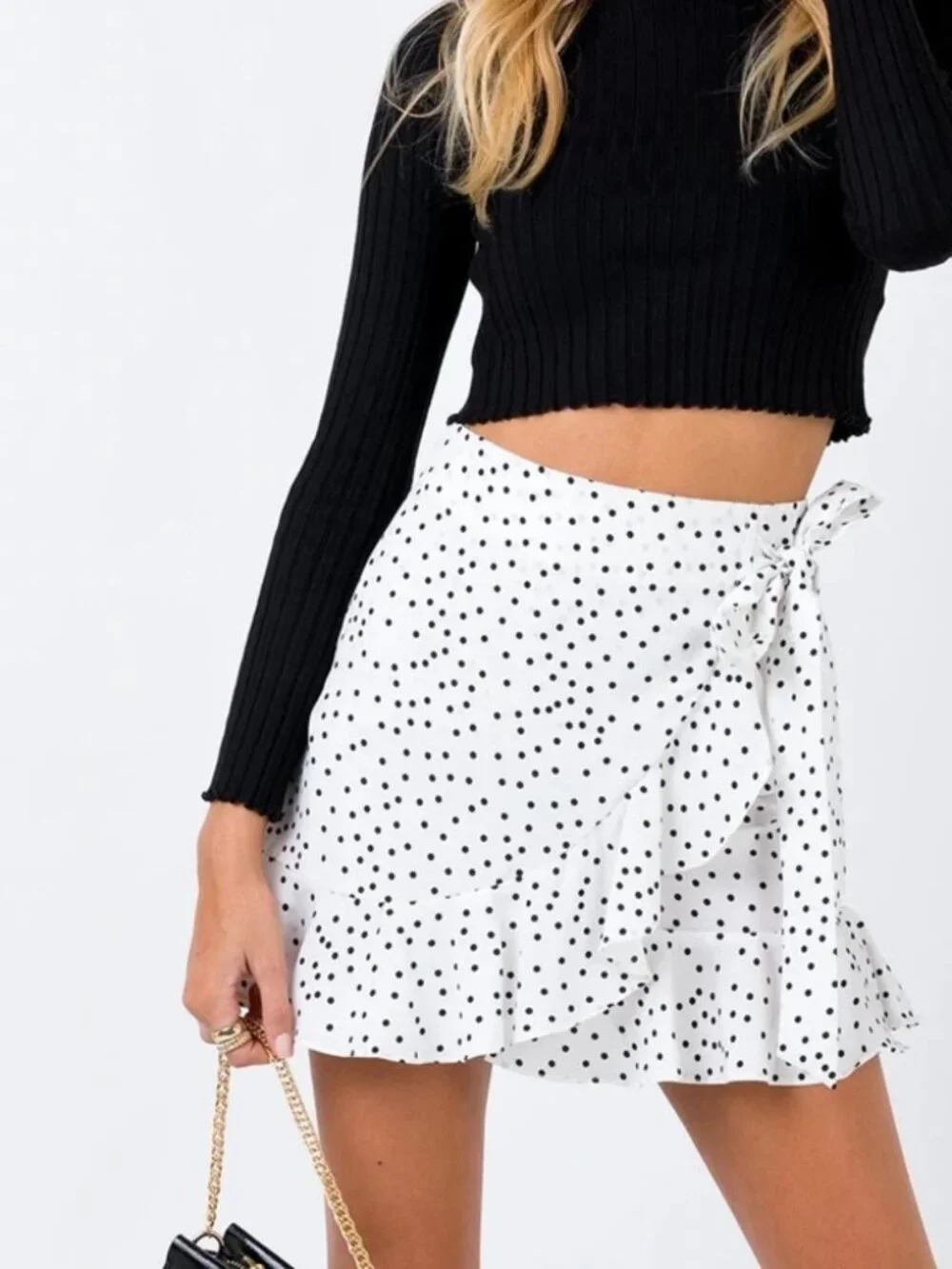 Princess Polly Polka Dot Ruffle Mini Skirt Wrap Tie White Black 6